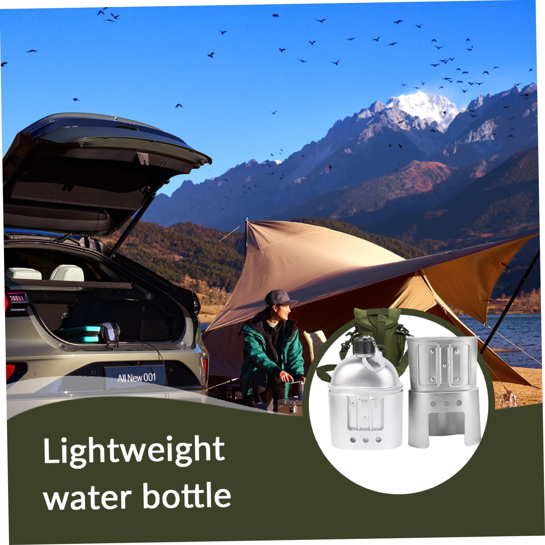 Military Canteens Pouch Aluminum Cup Kit And Cover With Foldable Spoon Fork, 1 Quart