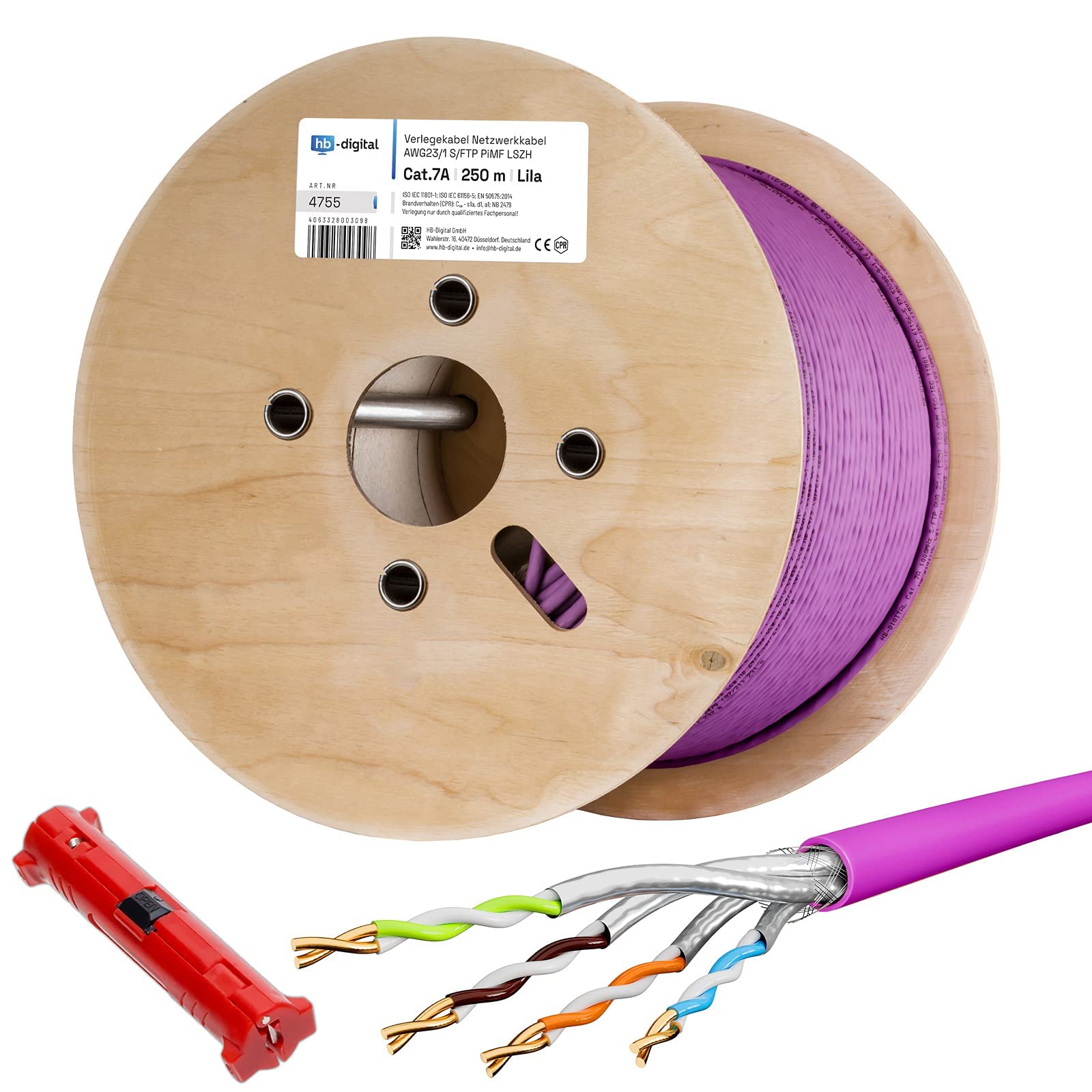 hb-digital 250m CAT.7a Câble réseau violet Câble d'installation Ethernet LAN AWG23 Cuivre pur S/FTP PiMF LSZH Sans halogène Conforme RoHS PoE 10Gbit/s max. 1200MHz + Pince à dénuder