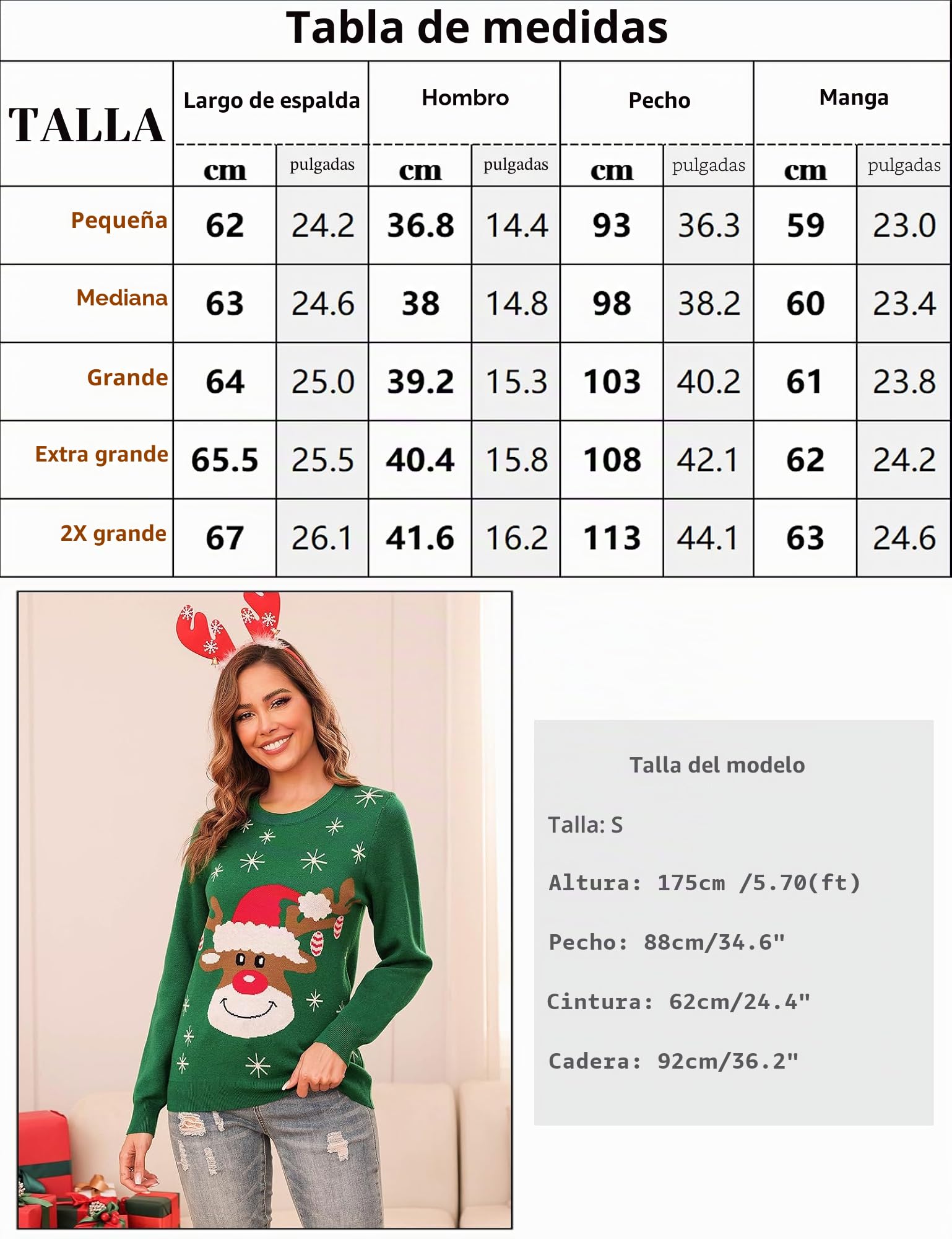 Aottori Jersey Navidad Mujer Hombre Suéter Navideño Matching Manga Larga Pullover Punto Unisex Pareja Cuello Redondo Reno Copo Nieve Invierno Familia