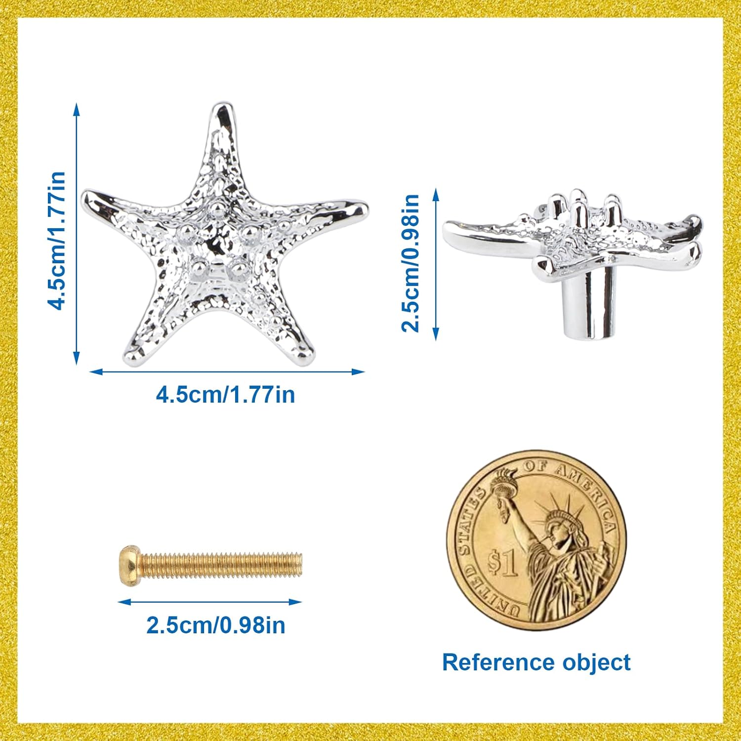 Starfish Knobs Coastal Cabinet Knob and Pulls Beach Cabinet Pulls Ocean Theme Knobs and Pulls for Furniture Drawer Dresser Cupboard Door Handles 4Pcs(Bright Chrome/Bright Silver)