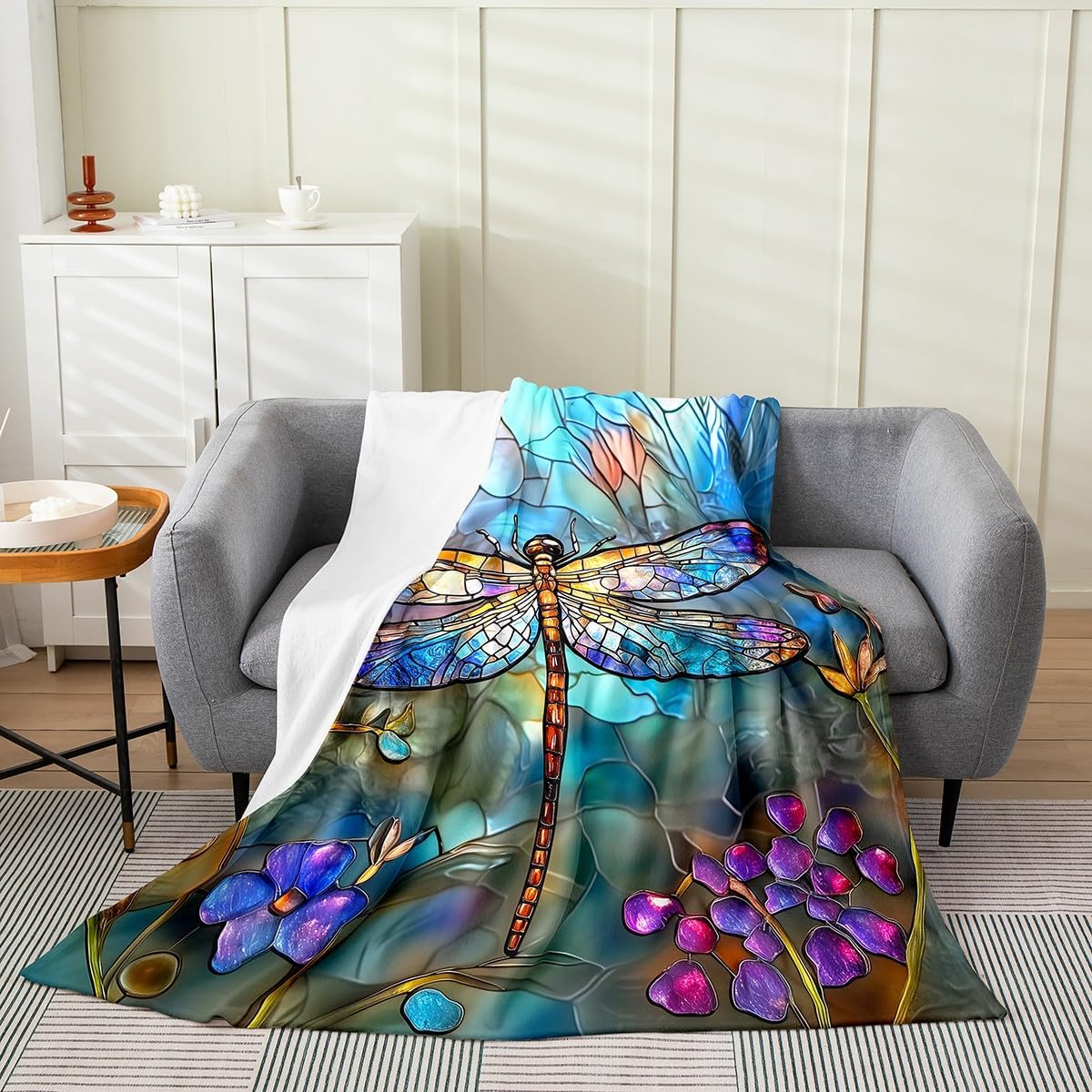 Erosebridal Stained Glass Flannel Blanket Queen Inch Dragonfly Fleece Blanket Colorful Geometric Floral Pattern Fuzzy Plush Throw Bug Dragonflies Purple Blue Living Room Decor