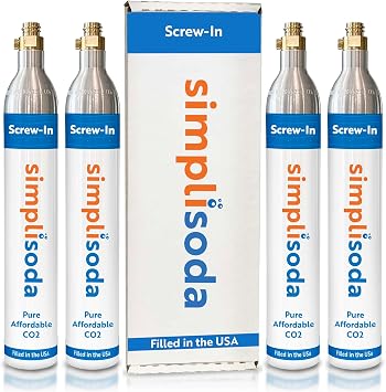 Simpli Soda 60L CO2 Canister Cylinders - Compatible w/Sodastream BLUE Screw-In Only, Ninja Thirsti, Philips, and More - Threaded Style Soda Streaming Machine CO2 Tanks Gas Refill, | 14.5 oz, Set of 4