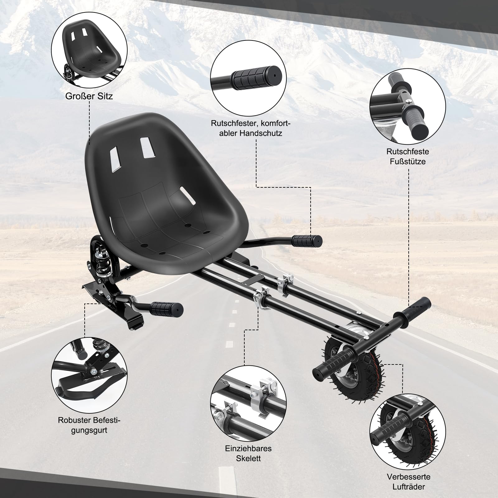 Siège d'hoverkart universel de 6,5 à 10" avec suspension innovante, amortisseurs de chocs, pneus avant remplis d'air (roues rouges à pneus)