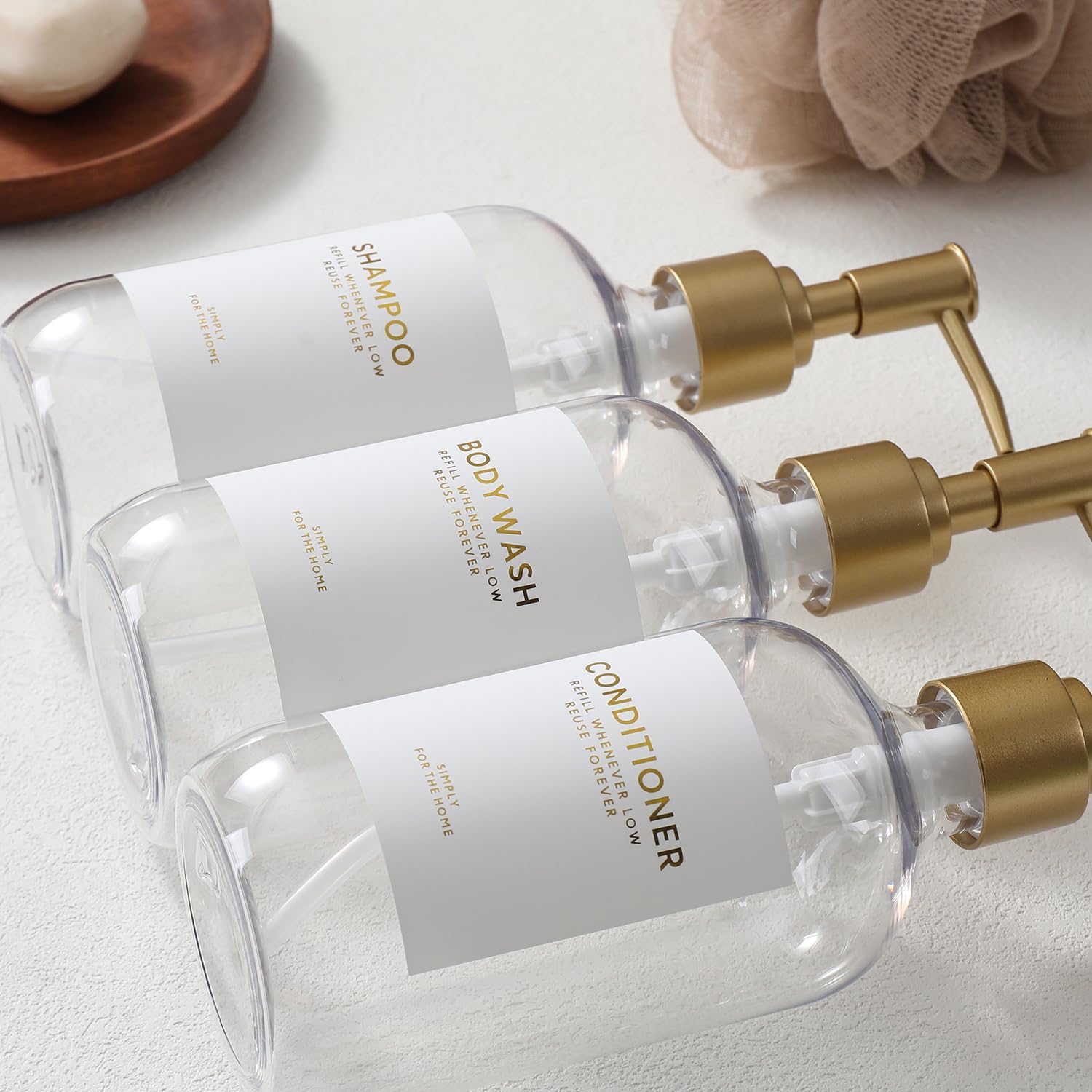 Shampoo and Conditioner Dispenser Bottles with Bamboo Tray | Reusable Pump Bottles 16.9 fl oz 3-Pack Plastic Refillable Bottles with Labels Bathroom Shower Dispenser(Clear&Gold)
