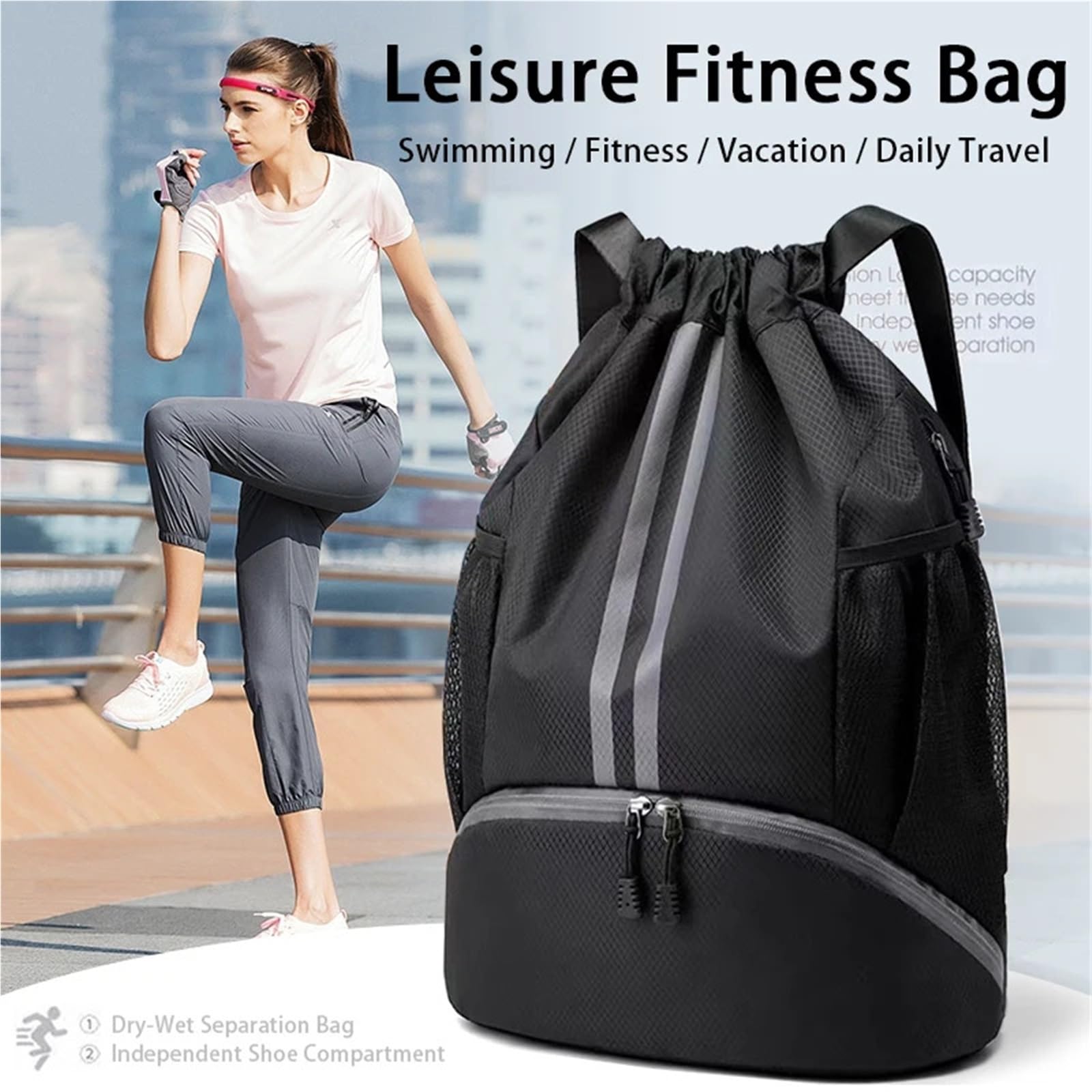 Rucksack mit Kordelzug Sportrucksack mit Kordelzug, Basketball-Rucksack for Damen und Herren, Schwimm-Sporttasche Schuhfach nassfester Tasche