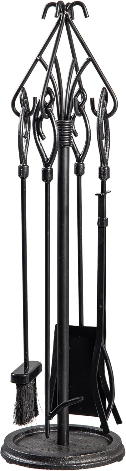 Plow & Hearth Gothic 5 Piece Fireplace Tool Set with Poker Tongs Shovel Broom and Stand | 32.5" H | Black Wrought Iron Handle for Outdoor Indoor | Wood Stove Firepit Accessory