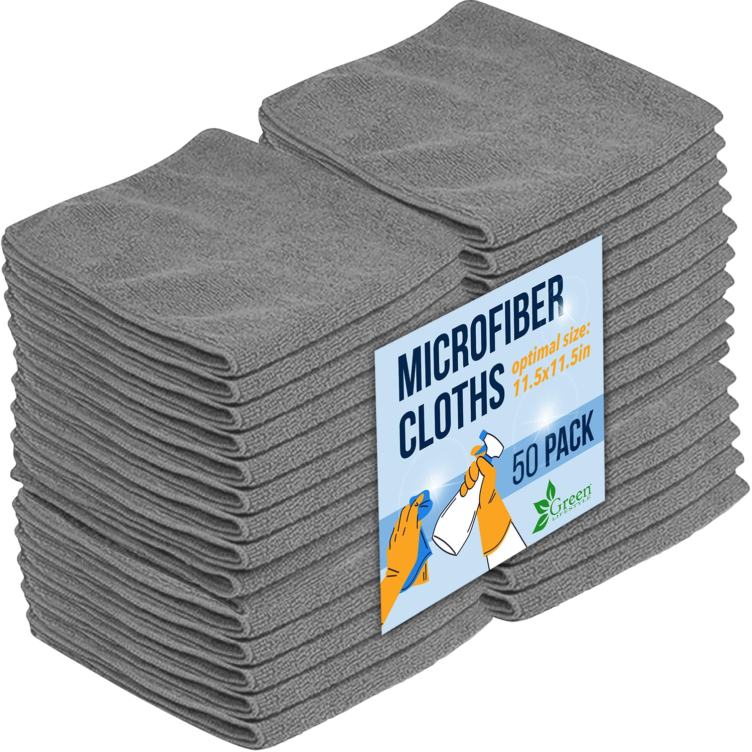 GREEN LIFESTYLEMicrofiber Cleaning Cloth 50 Pack, Borderless Microfiber Towels Cleaning, Rags for Cleaning, Car Microfiber Towel, Drying Towels for Сars, Car Wash Towels (11.5" x 11.5", Grey)