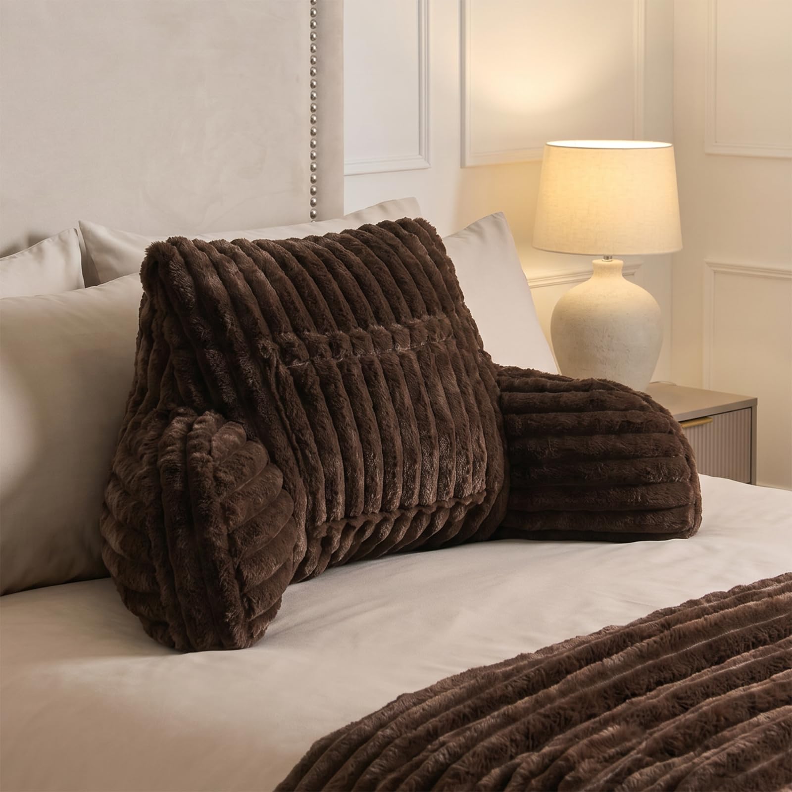 OHS Cuddle Cushion, Ribbed Faux Fur Reading Pillow Heatable Pocket - Coffee