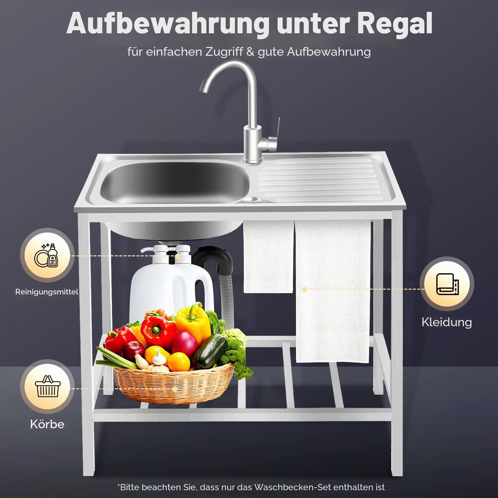 Outdoor Spüle Freistehend Waschbecken, Edelstahl Spültisch Küchenspüle 1 Becken mit Warm- und Kaltwasserhahn & Unterschrank, Spülenschrank mit Arbeitsplatte für Restaurant, Küche, Garage