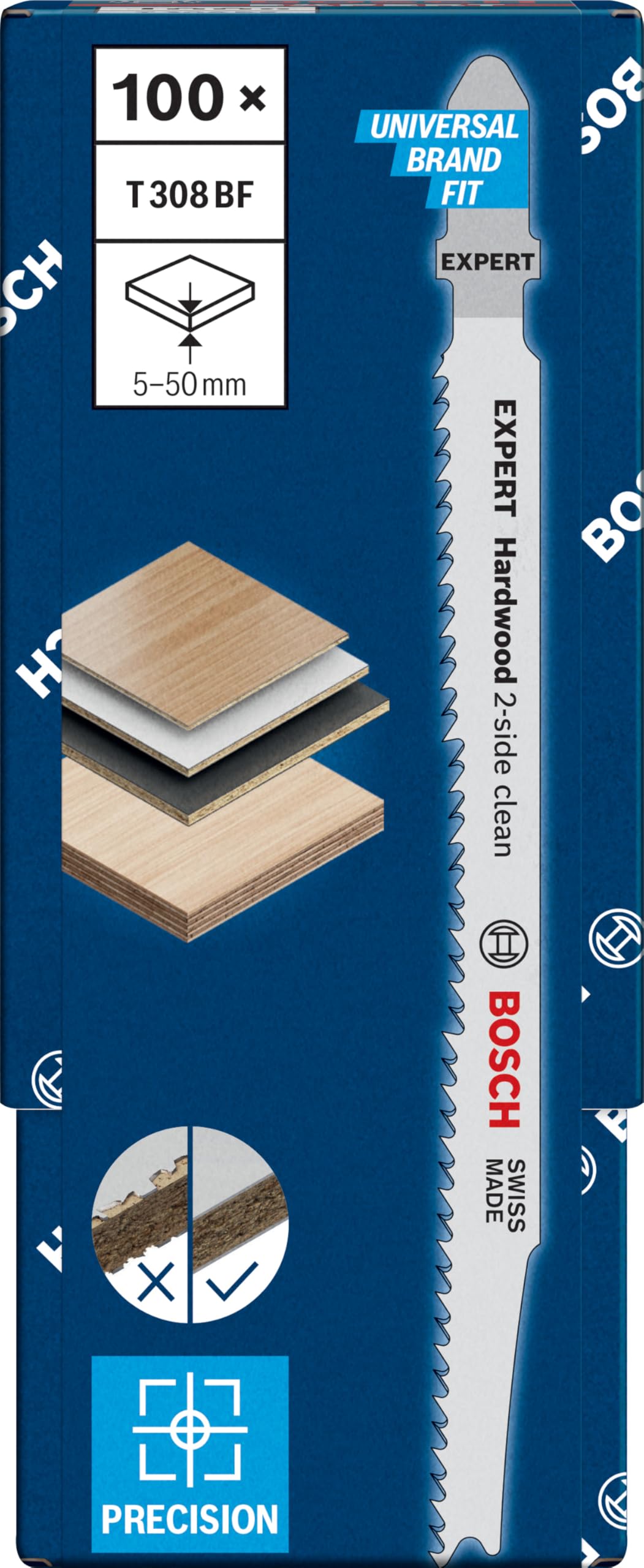 Bosch Professional 100x Lames de scie sauteuse Expert 'Hardwood 2-Side Clean' T 308 BF (pour Panneaux plastifiés, Panneau multiplex, Longueur 117 mm, Accessoire Scie sauteuse)