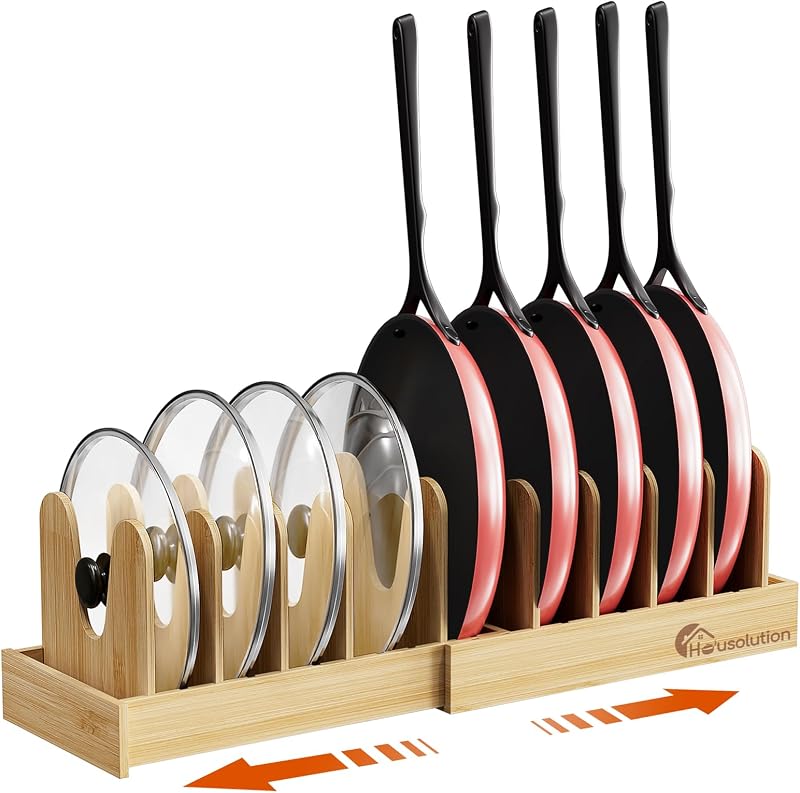Housolution Bamboo Pot and Pan Lid Organizer Holder Storage Rack | 15"-29" Expandable, 10 Adjustable Dividers, Upgrade Solid Wooden Base, Easy Assembly