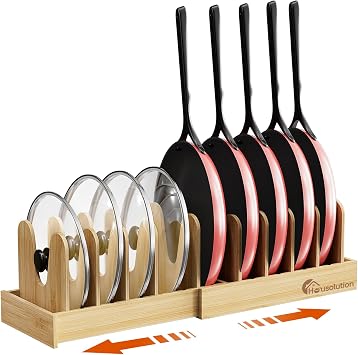 Housolution Bamboo Pot and Pan Organizer for Cabinet, 15"-29" Expandable Pot Lid Organizer with 10 Adjustable Dividers, Wooden Pan Holder Storage Rack, Fully Expanded Size 29.5" W x 8" D x 7.5" H