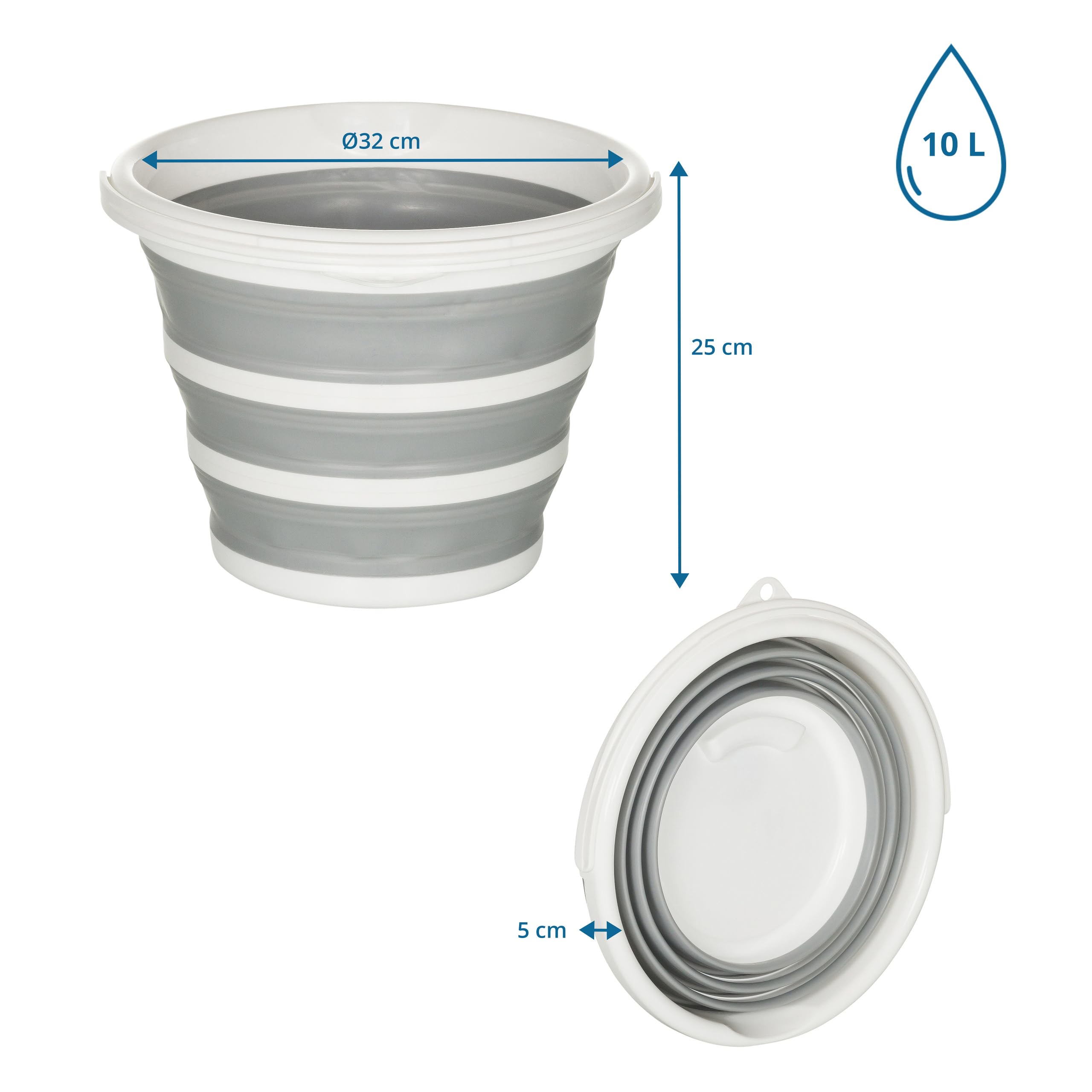 hjh OFFICE cestino pieghevole CLEAN SILR, in silicone, secchio pieghevole da 10L per uso interno ed esterno, salvaspazio, grigio/bianco, 924002