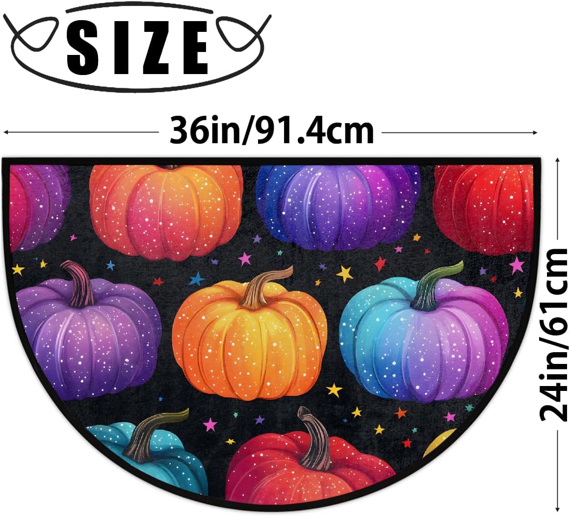 Halloween Colorful Starry Sky Pumpkin Half Round Door Mat Non Slip Washable Semi Circle Area Rug Absorbent Soft Half Moon Rug Floor Mat for Indoor Outdoor Kitchen Bathroom Patio Front Door Mat Decor