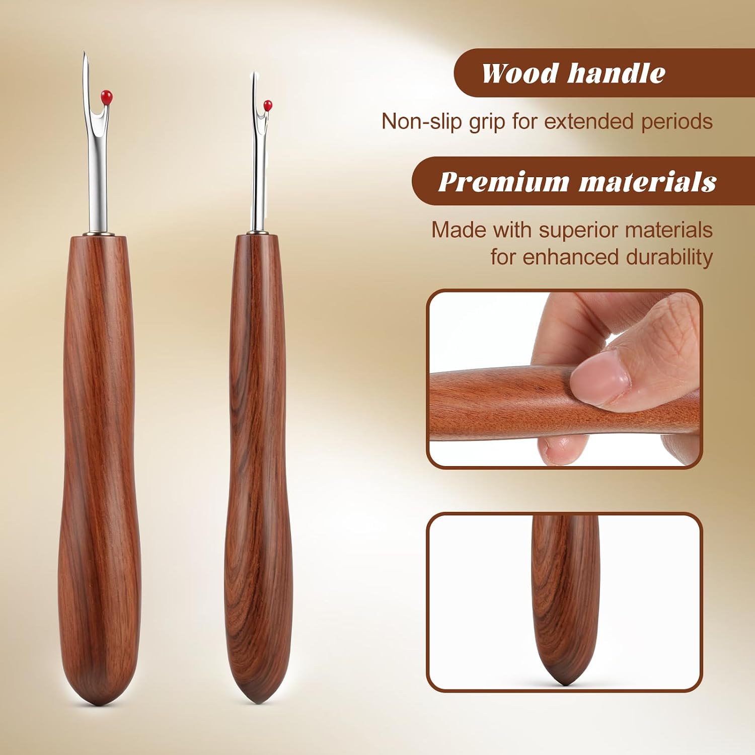 2 Pcs Seam Ripper with Wood Handle for Sewing Remove Stitches Ergonomic Grip for Knitting Hand Sewing Embroidery Thread Removal (S/L)