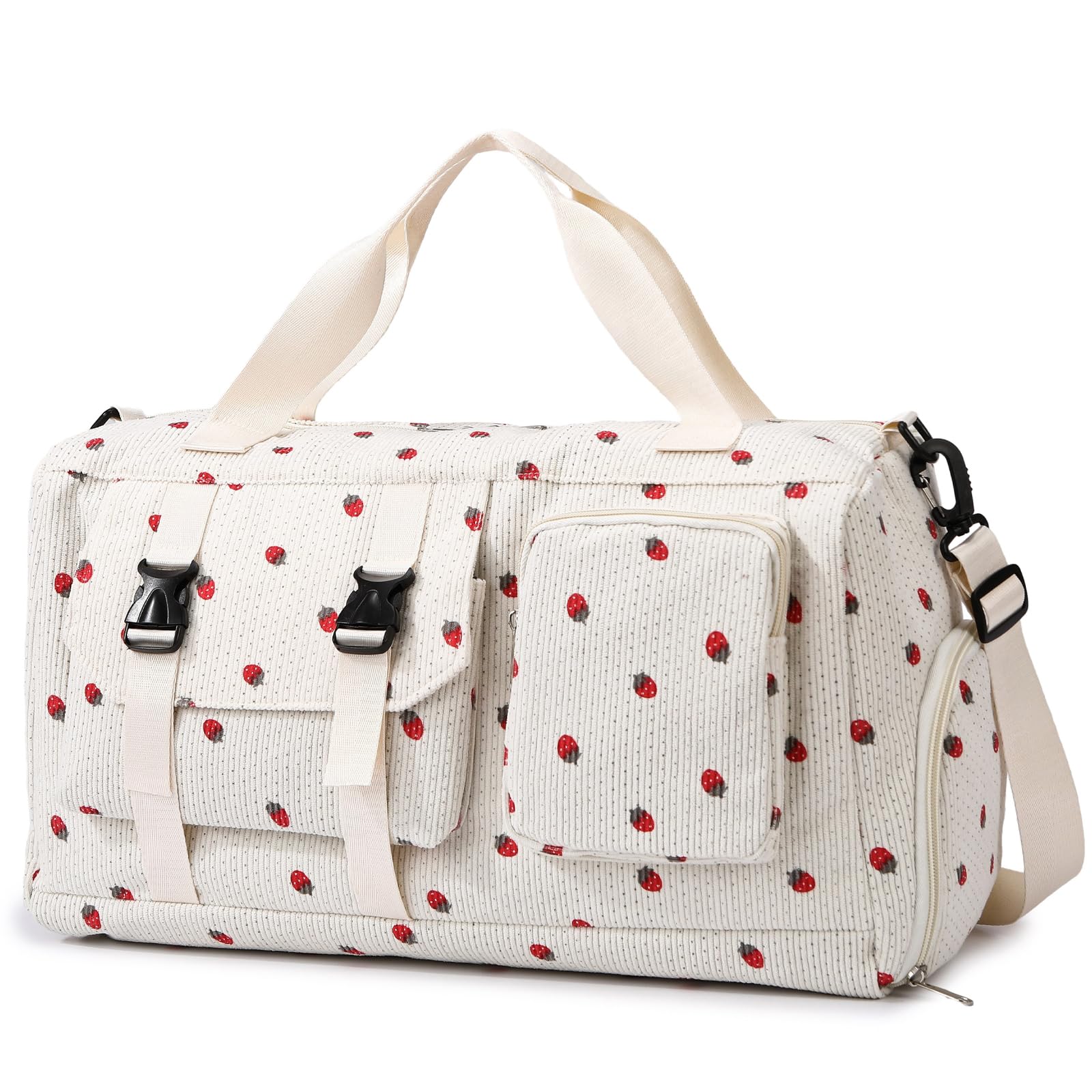 unisoul Corduroy Strawberry Travel Duffel Bag for Women Girls, Large Weekender Bag with Shoe Compartment & Wet Pocket, Foldable Overnight Gym Sports Bag, Cute Dance Bag with Luggage Sleeve，White