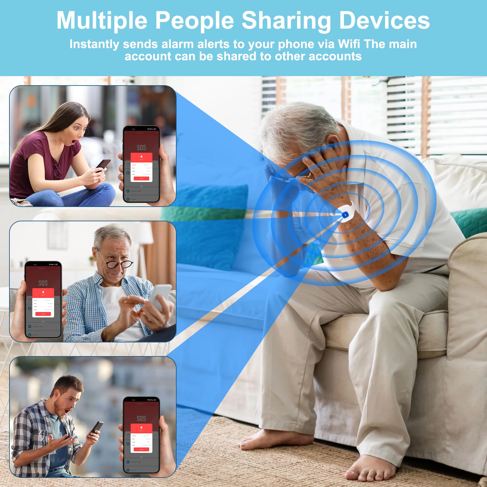 WiFi Bouton Alarme Personne Agee,SOS Alarmes de Bouton d'urgence Personnes Âgées,Contrôle D'application Tuya,Bracelet Alarme Personne Agee pour Personnes âgées ,Patients Handicapés (Blanc)