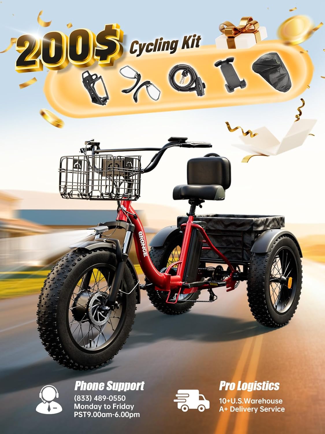QRONGE Electric Tricycle for Adults 960W Peak, 36V 15AH Battery Ebike 50 Miles Range with Large Rear Basket, Electric Trike 20"*4" Fat Tire, Max 20MPH 3 Wheel Folding Electric Trike for Adults(Lava)
