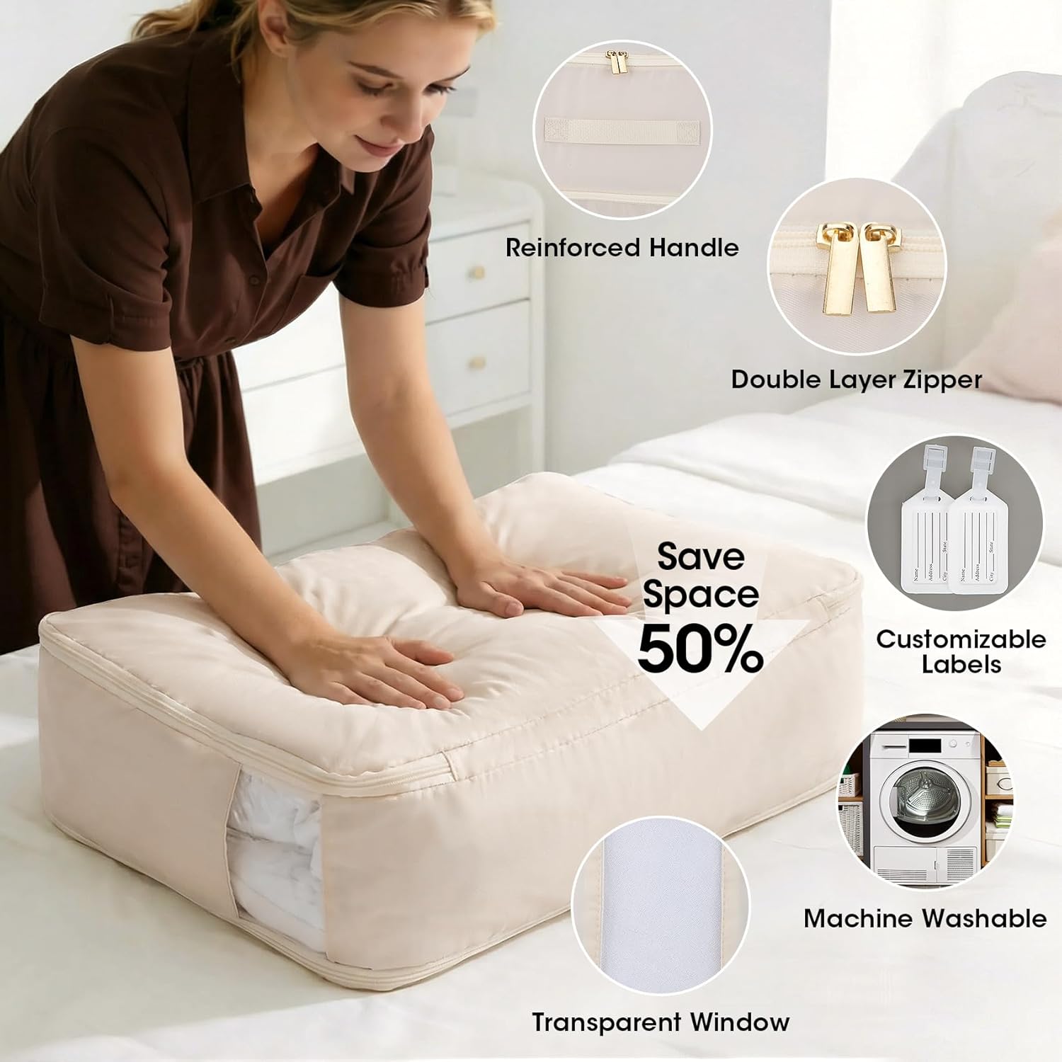 4 Pack Comforter Storage Bag, 136L Blanket Storage Bags Self Compression Comforter Organizer and Storages, Space Saving Washable Compression Bags for Blanket Bedding Pillow Duvet Quilt, Beige