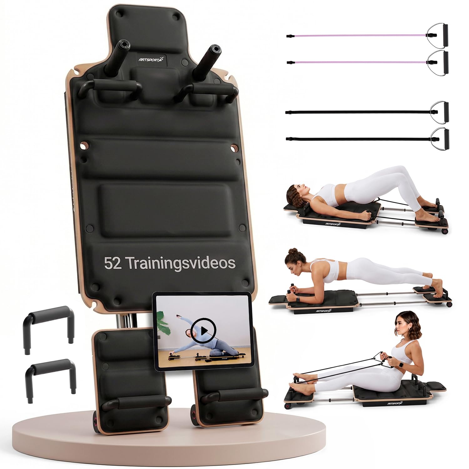 ArtSport Movea Pilates Reformer Board für Zuhause – faltbares Mini-Reformer Pilatesgerät aus Birkenholz & Aluminium, inkl. 6 Trainingsbänder & 4 Griffe, belastbar bis 200 kg