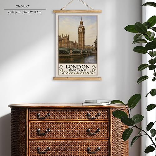 Miniatura 6 de Póster de pared de Londres Inglaterra, impresión vintage de viaje del Big Ben y el Parlamento, rollo colgante de lienzo de lino con marco de madera,