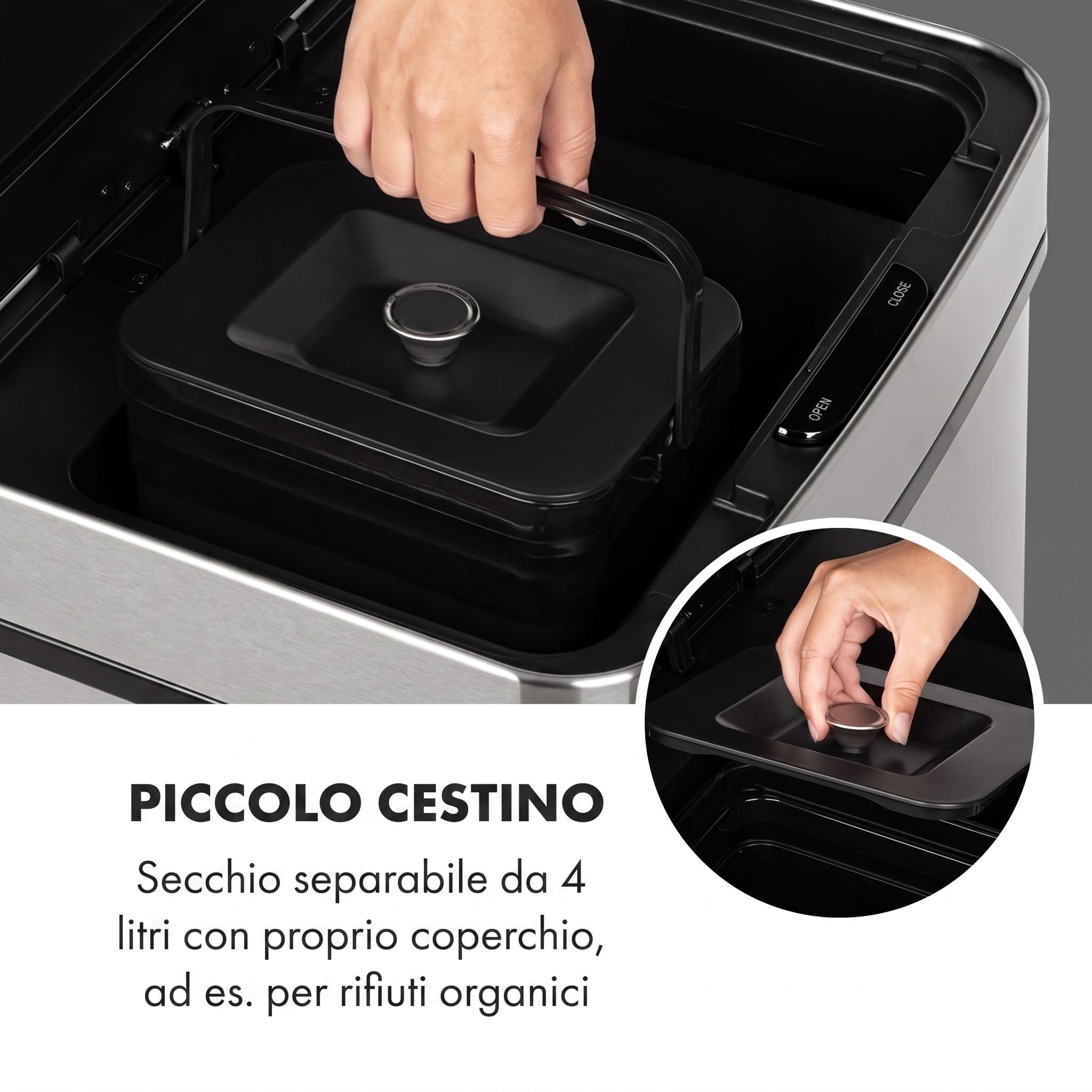 KLARSTEIN Touchless pattumiera a sensore, 72 litri in 4 contenitori: 43 & 2 x 12,5 litri, secchio bio con coperchio: 4 apertura e chiusura automatiche senza contatto, argento