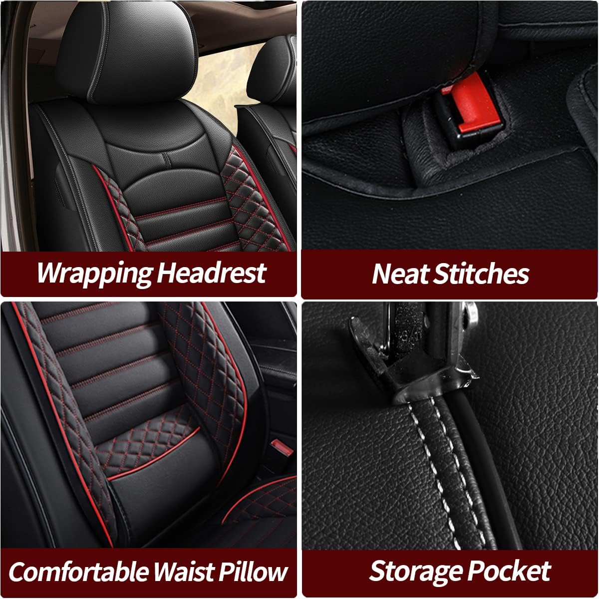 Seat Covers for Kia Seltos 2021-2025 2026 Car Seat Covers Full Set 5 Seats Waterproof Faux Leather Car Seat Cushion Protector (Black & Red)