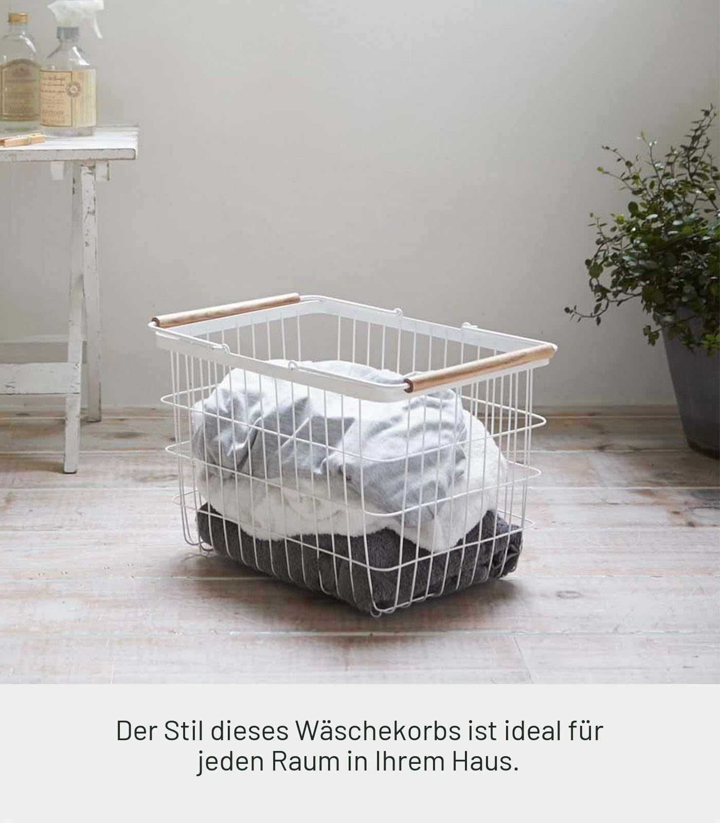 Yamazaki 2809 TOSCA Laundry Basket M, white, Steel/Wood, 41.5 x 31 x 27 cm