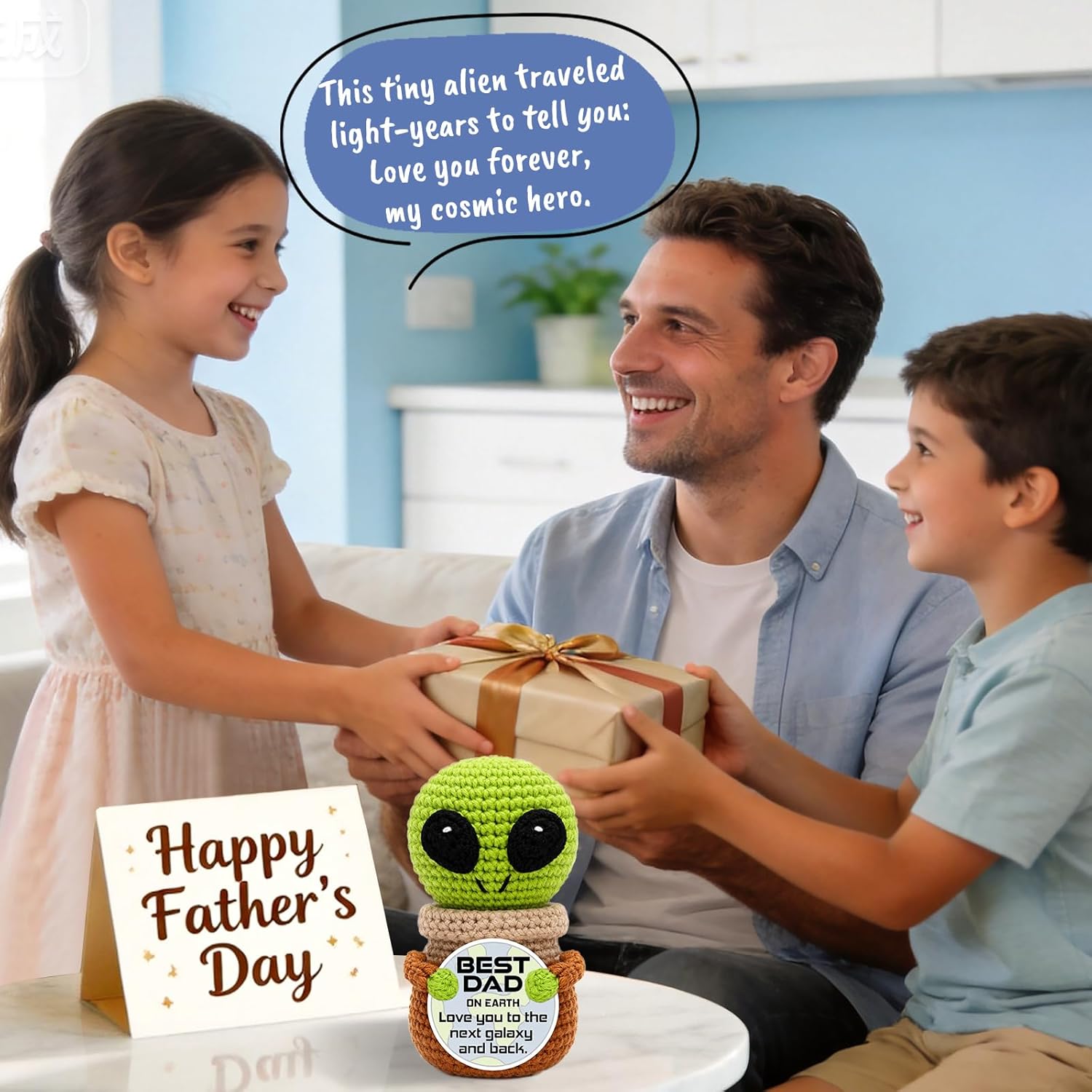 Jettryran Fathers Day Dad Gifts from Daughter Son Wife Birthday Gift for Dad Father in Law Bonus Stepdad Grandpa Basket Positive Crochet Alien Decor with Father's Day Card for Husband from Wife