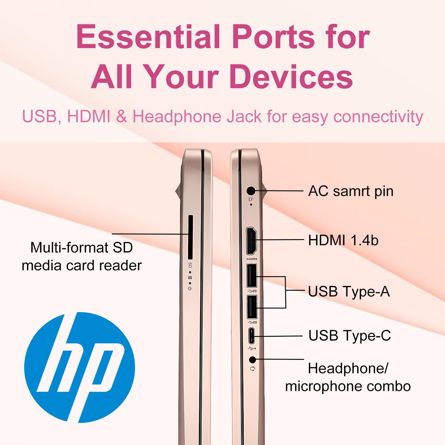 HP 14″Rose Gold Lightweight Laptop, with Office 365 & Copilot AI, Intel Processor, 4GB RAM Memory, 64GB SSD + 1TB Cloud Storage