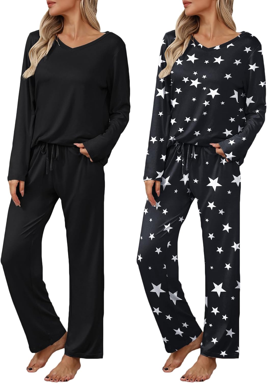 Ekouaer Womens 2 Pack Pajama Set Short & Long Sleeve Pajamas Top and Pants V Neck Pjs Set Soft Loungewear with Pockets