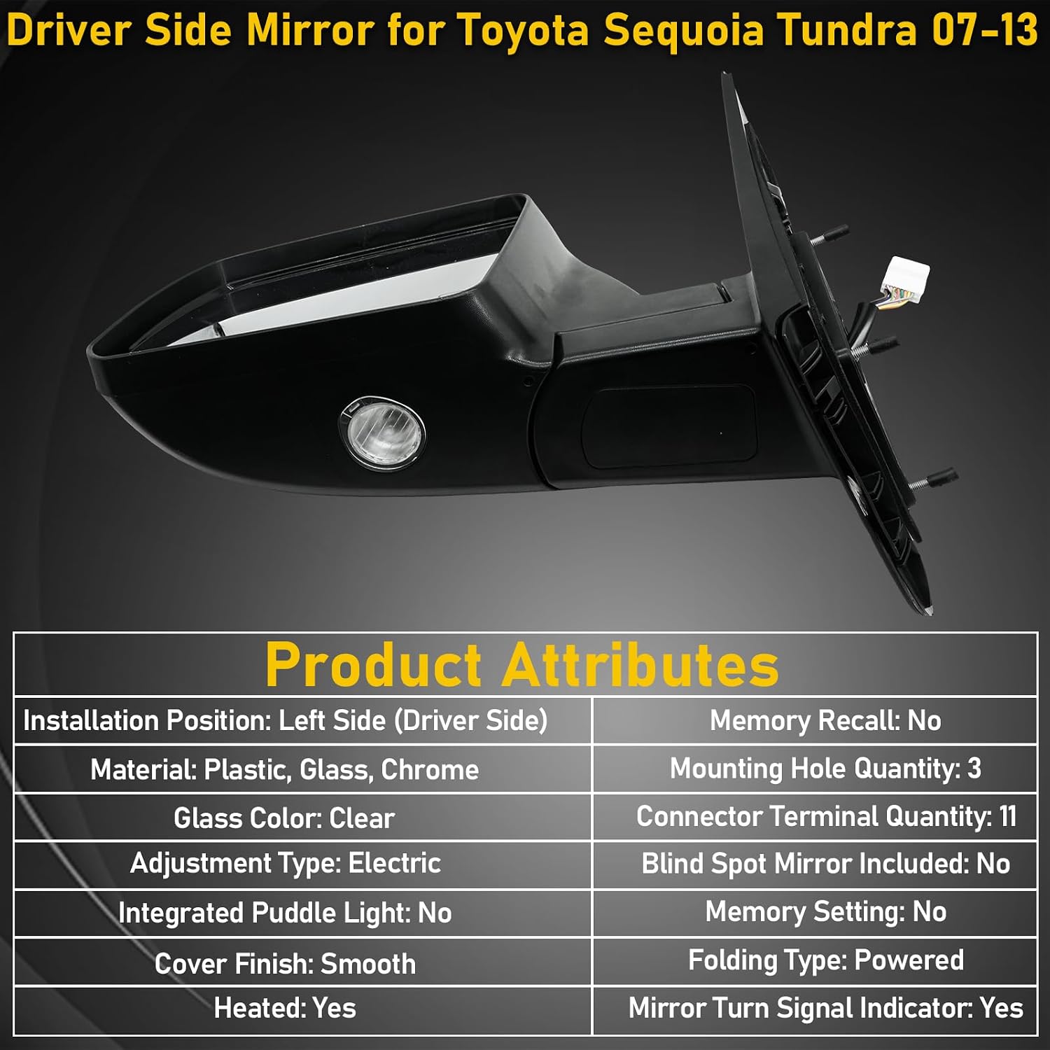 Driver Side Mirror Assembly for Toyota Sequoia 2008-2013 Tundra 2007-2013, 879400C203 Driver Side Mirror Assembly for Toyota Sequoia 2008-2013 Tundra 2007-2013 Power Heated Folding with Turn Signal image 4