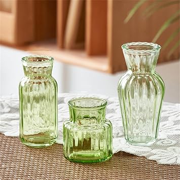 JSPYFITS Glass 3 Pieces Vase Set, Ribbed Glass Vases for Flower Arrangement, Modern Clear Flower Vases for Living Room,Dining Table,Entryway,Shelf,Wedding,Office Home DecorationGreen