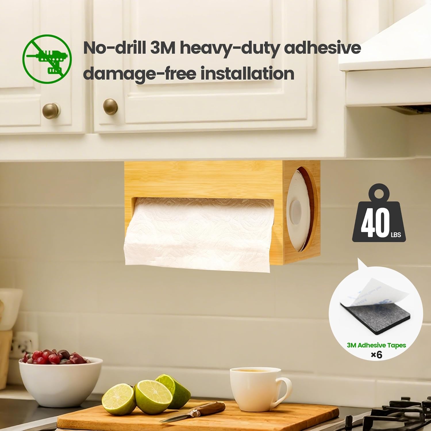 Bamboo Paper Towel Holder with Hooks – One-Hand Tear, Dustproof, No-Drill Adhesive & Wall Mount, Under Cabinet/Countertop Dispenser for Kitchen, Garage & Workshop | Fits Jumbo Roll