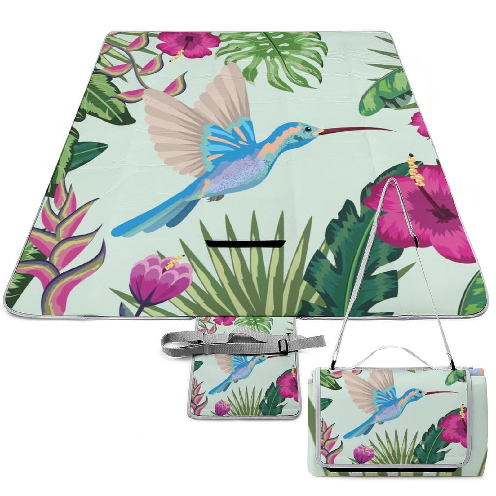 Hummingbird-Tropical-Flower Picnic Blanket Waterproof Foldable, Large Outdoor Picnic Blanket Beach Blankets Camping Blanket Travel Mat, Shoulder Strap Tote, Rectangle 58x58in