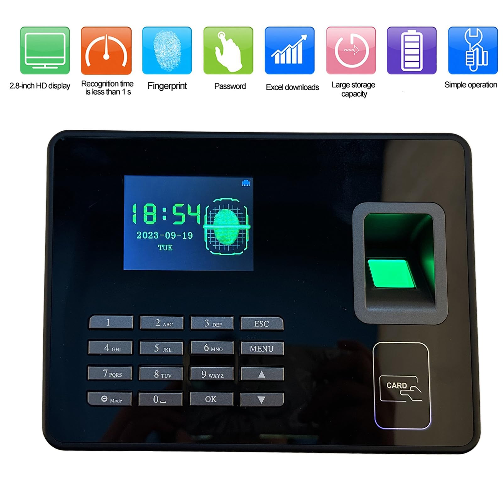 Macchina per la Presenza dei Dipendenti con Lettore di Impronte Digitali Biometrico con Gestione Intelligente delle Password LCD da 2,8 Pollici per Ufficio (Spina europea),Sistema di presenze