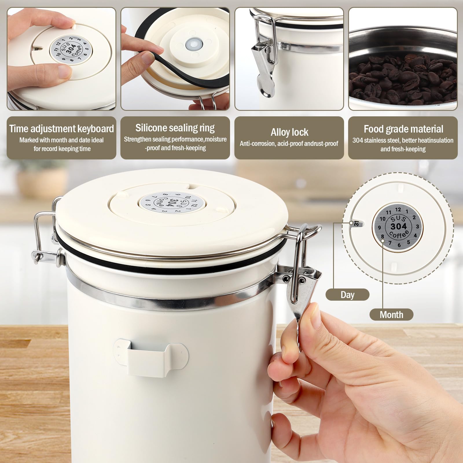 Barattolo Caffe (1,5L), Contenitore Ermetico Caffè, Dotato di cucchiaio, in acci