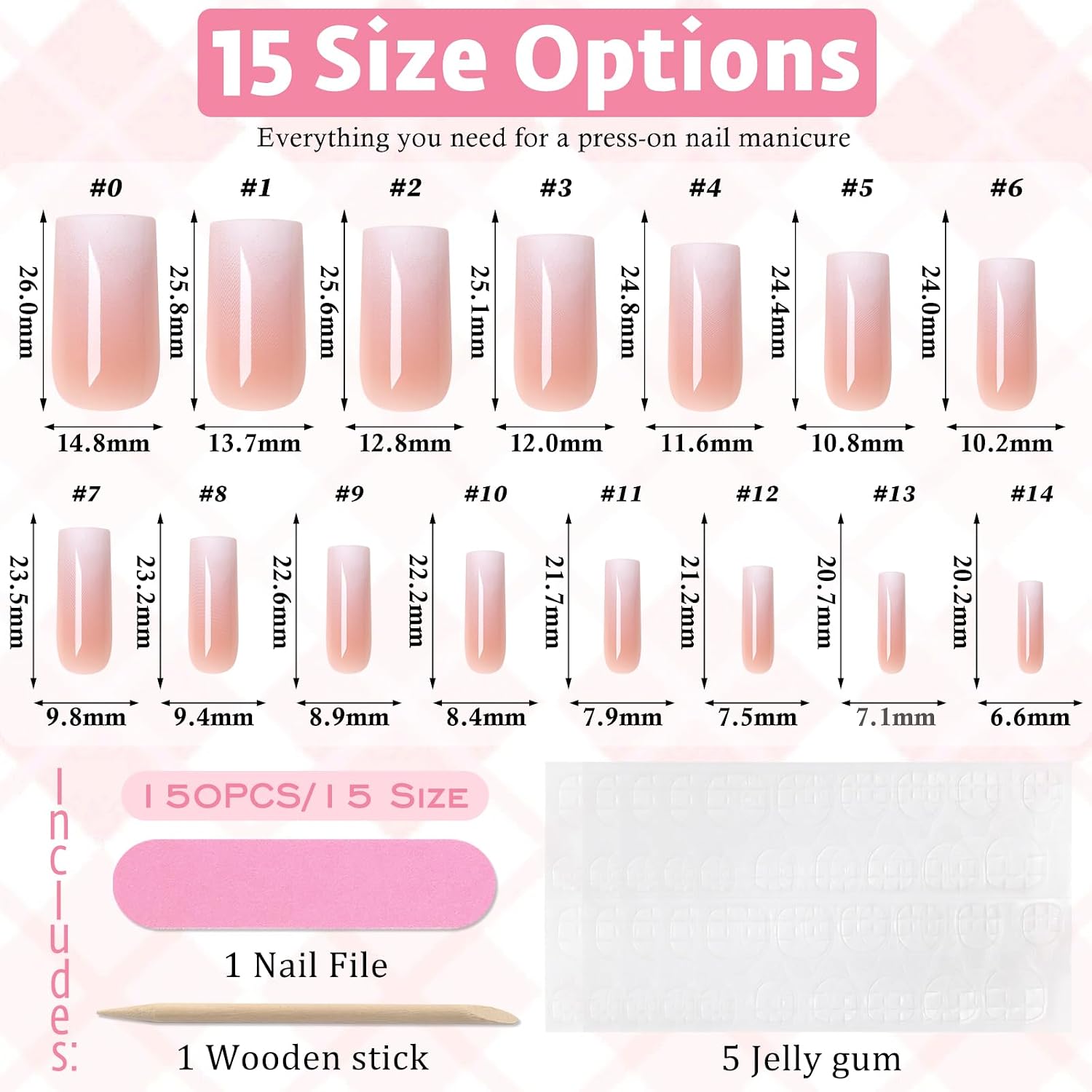 Press on Nails,Ombre Nude,French Fake Nails Medium Square,150PCS