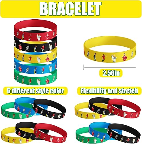 Miniatura 6 de 90 decoraciones de fiesta de estrella de fútbol incluyen 10 pulseras, 10 llaveros, 10 pines de botón, 10 bolsas de papel y 50 calcomanías,