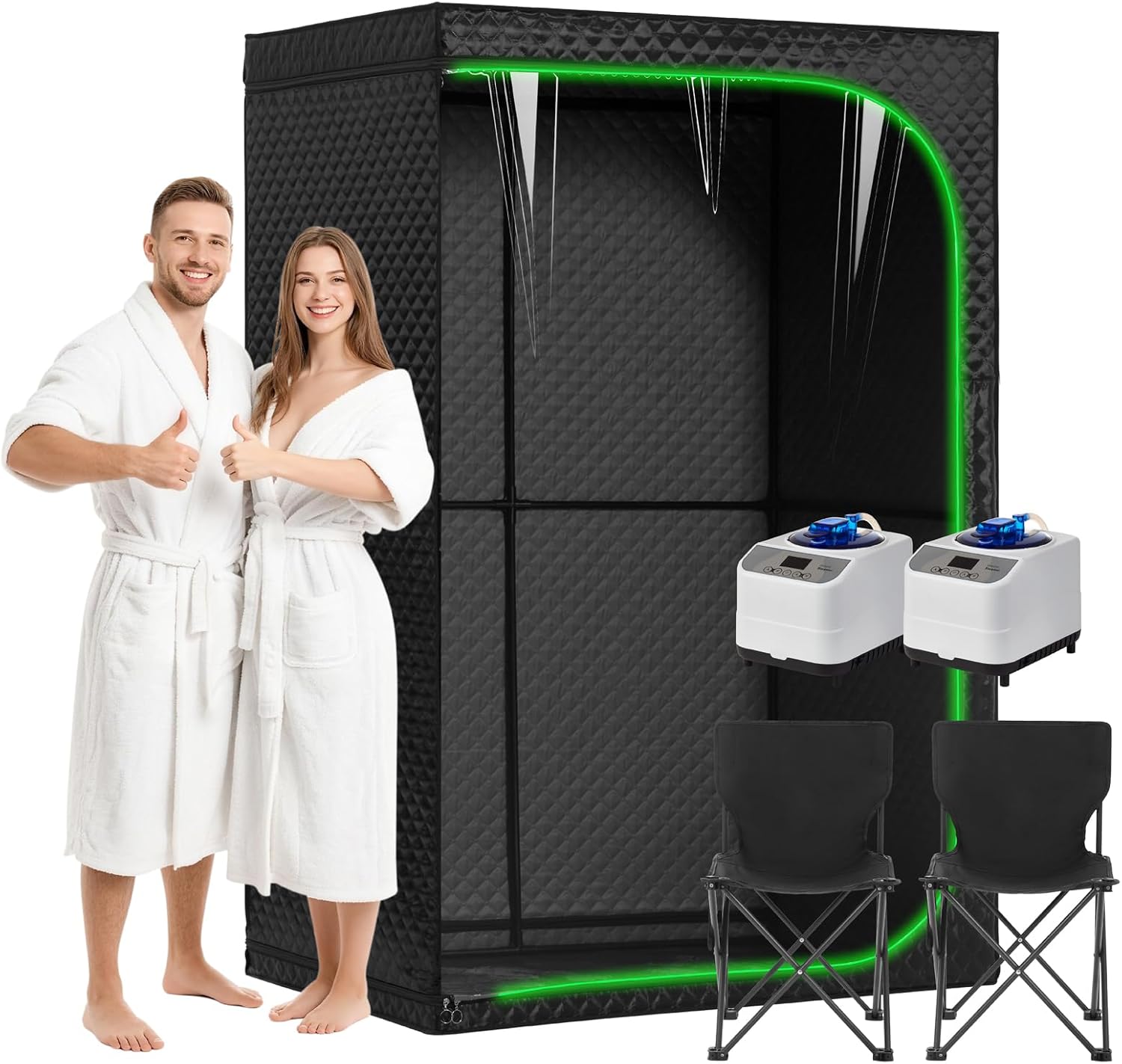 Portable Full-Body Steam Sauna Tent for Home – Large Indoor Personal Sauna with 9 Heat Levels, 3L Steamer, Remote, Foldable Chair and Transparent Window (Double Rectangular, Black)