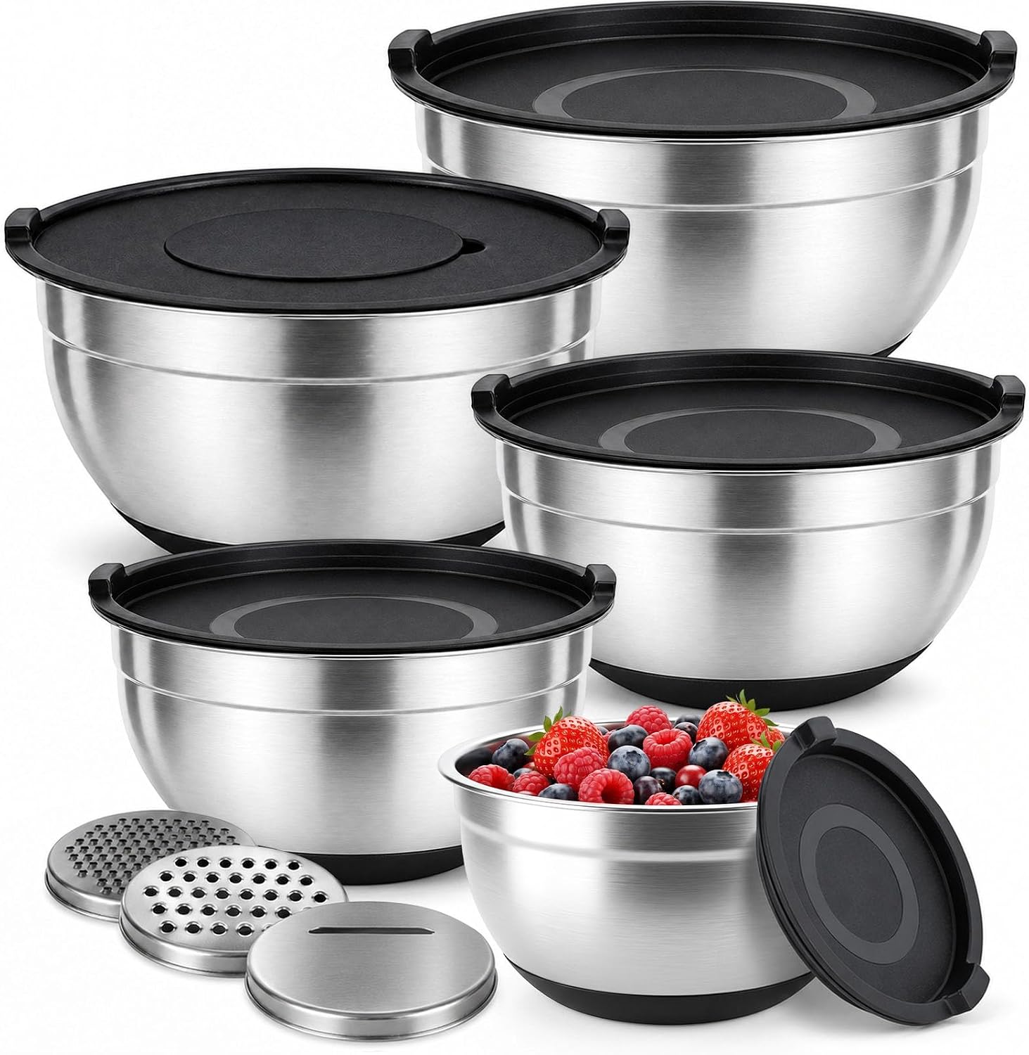 Stainless Steel Mixing Bowls with Lids Set Nesting Metal Prep | steel bodies silicone non-slip base seperate lids 3 grater slicer blades for baking meal prep salads and marinating