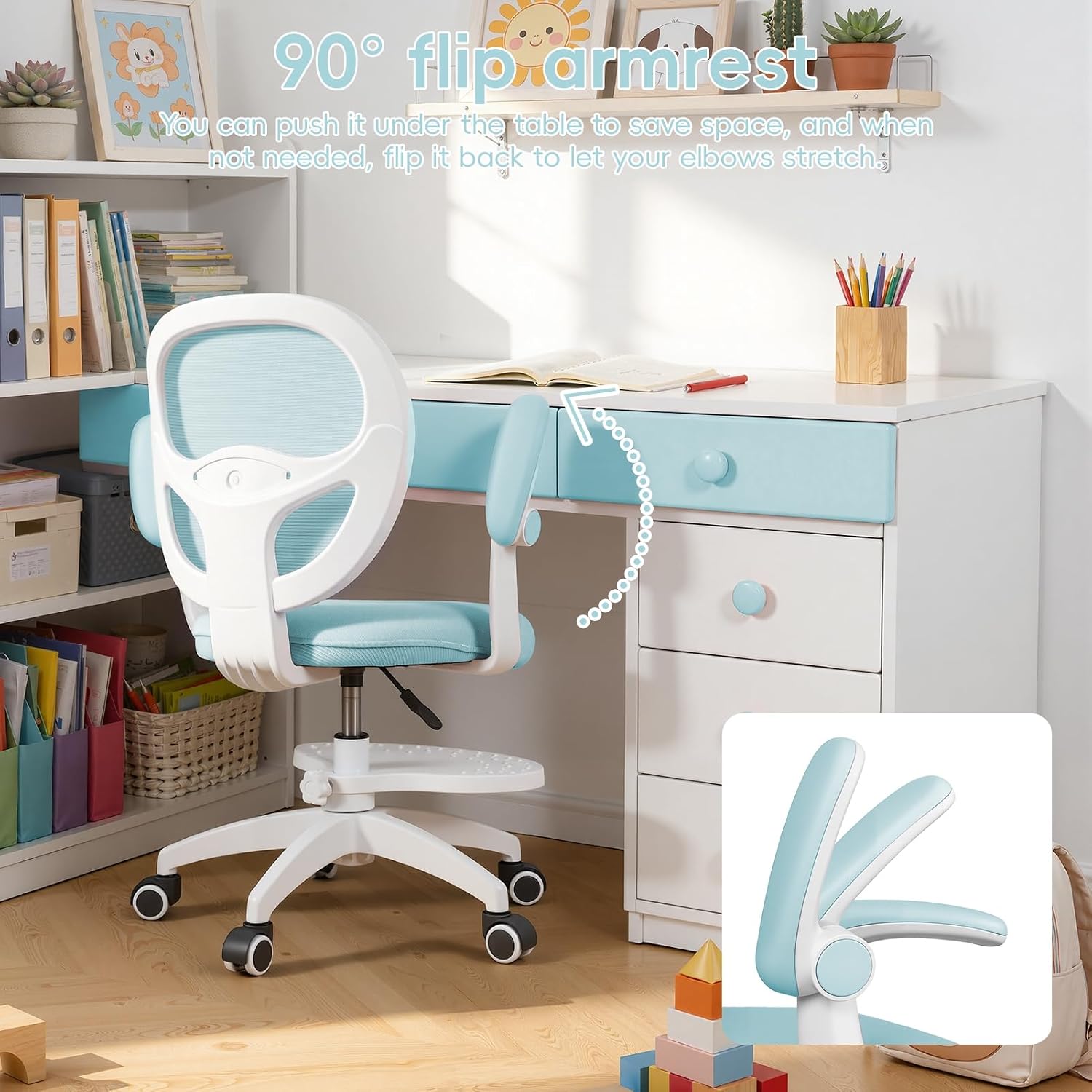 Kids Desk Chair Ergonomic with Flip Up Armrests & Adjustable Footrest, Children Study Computer 360 Swivel Mesh, Adjustable Height Kids Office Chair for Home Bedroom Blue