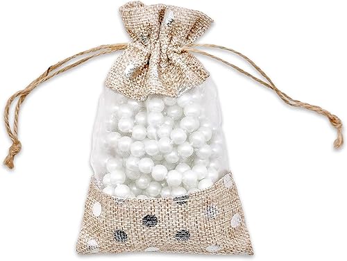 Miniatura 2 de Paquete de 12 bolsas de regalo pequeñas de lino, arpillera y organza con cordones (3.5x5.5 pulgadas, lunares beigeplateado) - Recuerdos de fiesta,