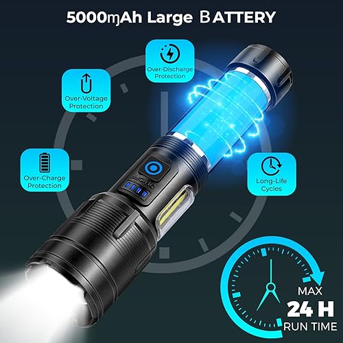 Miniatura 4 de Linternas recargables de alto lúmenes, 9000 lúmenes, luz LED súper brillante, potente linterna con 7 modos, luz COB, IPX7 impermeable para camping,