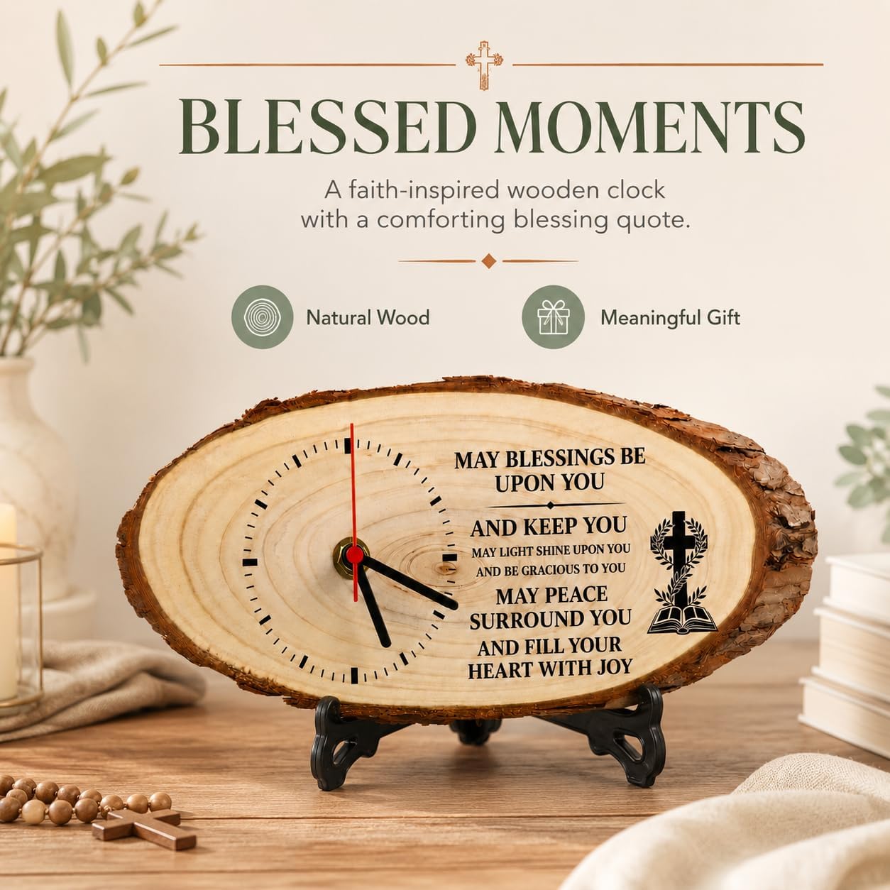 Christian Wooden Clock with Printed Blessing Quote, Religious Inspirational Desk Clock Gift for Pastor Deacon Church Friends, Retirement Appreciation Birthday Housewarming Gift for Men Women