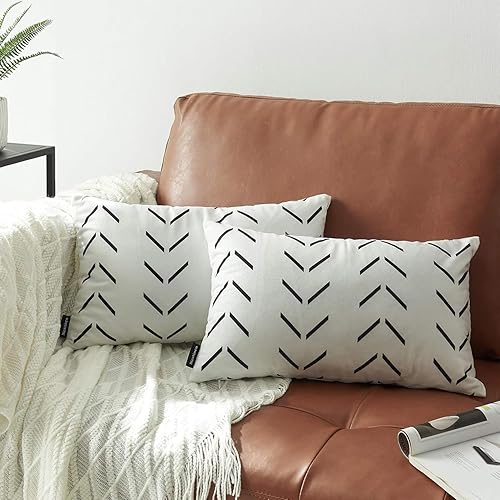 Set of 2 White Lumbar Pillow Covers 12 x 20 inches Boho Aztec Polyester Blend Decorative Throw Pillow Covers for Sofa Couch Bed Decor