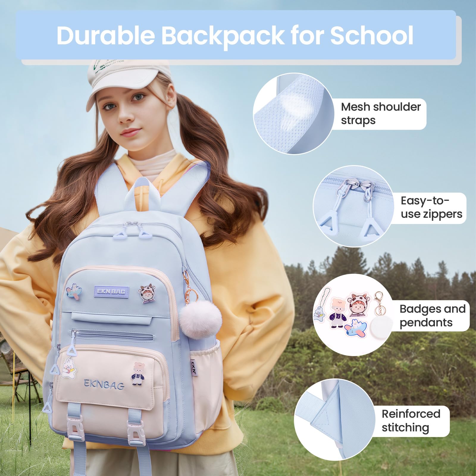 Tanou Cartable Fille Primaire, 20 Litres Sac a Dos College Fille Cartable Kawaii avec Pendentif, Léger Sac Ecole Primaire pour Enfants de 7 à 14 ans