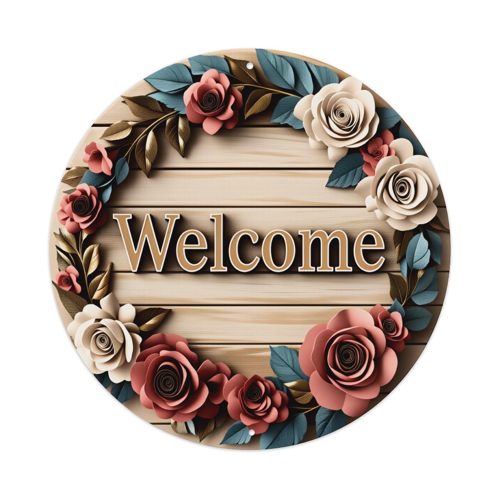 Floral Wreath Wooden Sign Welcome Pattern Round Vintage Tin Sign,Retro Wall Art,Metal Poster for Home, Bar, Garage, Cafe, Rustic Indoor & Outdoor Decor, 8x8 Inches