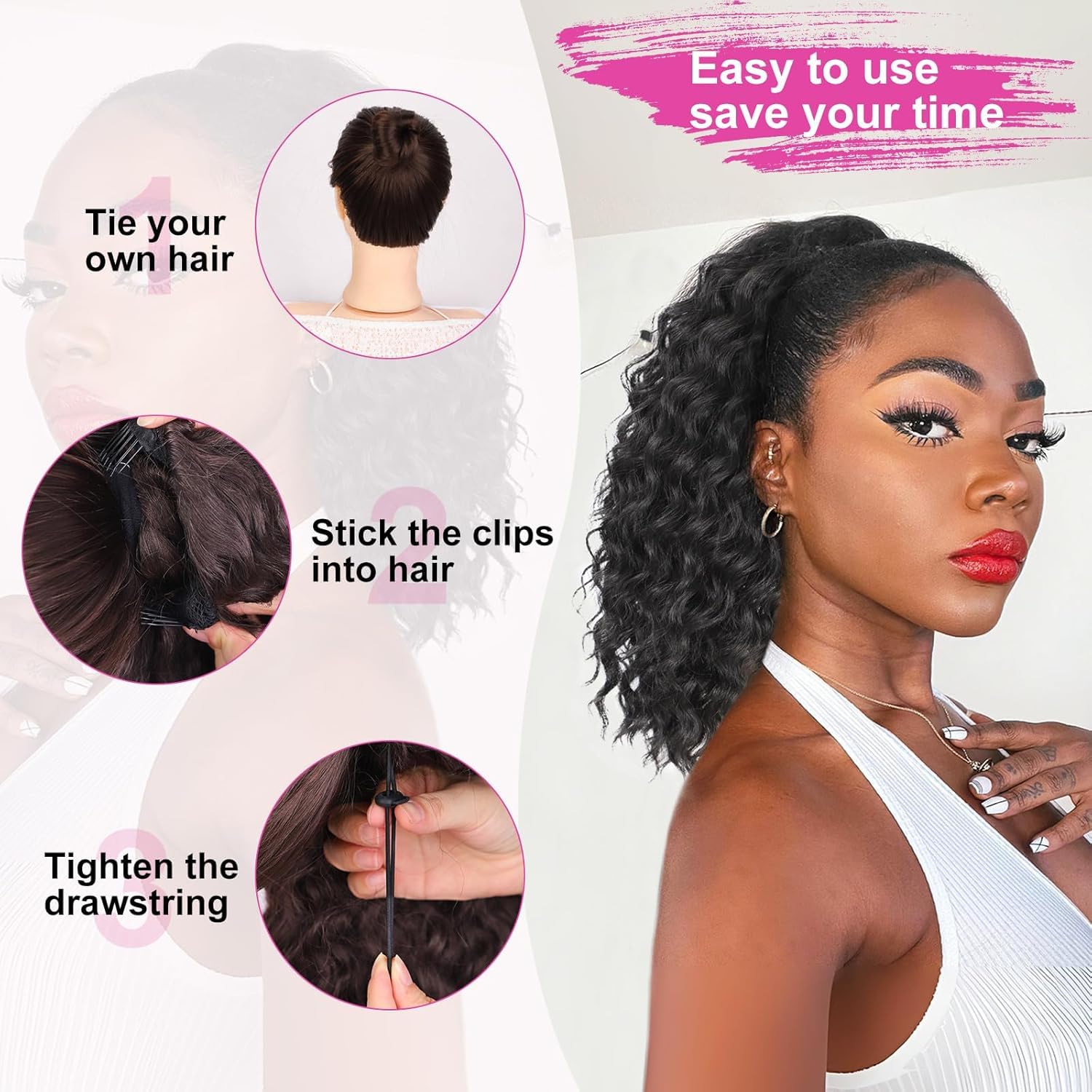 AISI BEAUTY Curly Ponytail Extension 14 Inch Drawstring Ponytail for Women Clip in Synthetic Curly Pony Tails Hair Piece(Dark Brown with Golden Blonde Highlights)