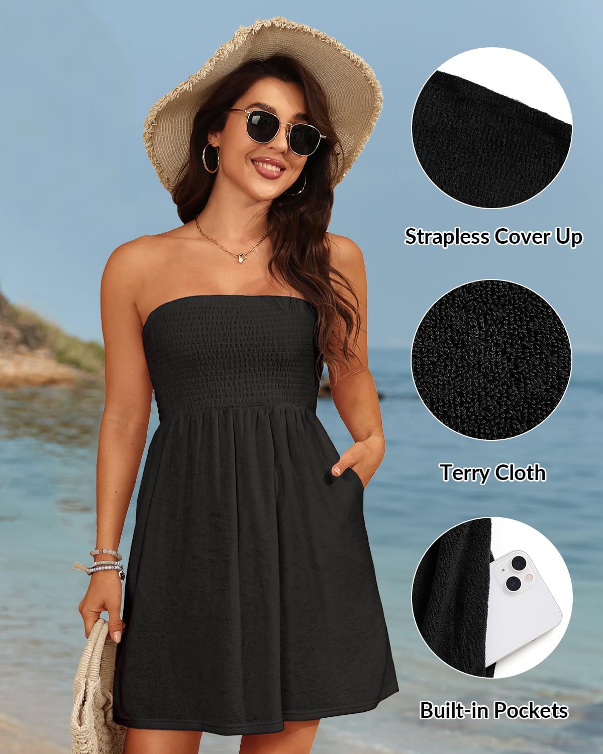 Yonique Women Terry Cloth Cover up - Strapless Beach Cover Up Tube Top with Pockets - Image 6